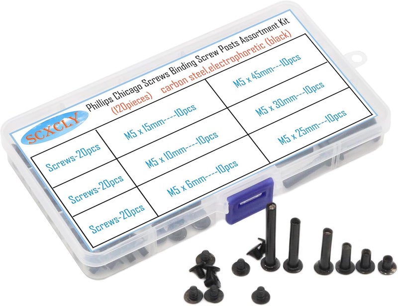 SCXCLY 120pcs Chicago Screws Binding Screw Posts Assortment Kit, 6 Sizes(M5 x 6/10/15/25/30/45m), Carbon Steel Electrophoretic (Black) - Image 1